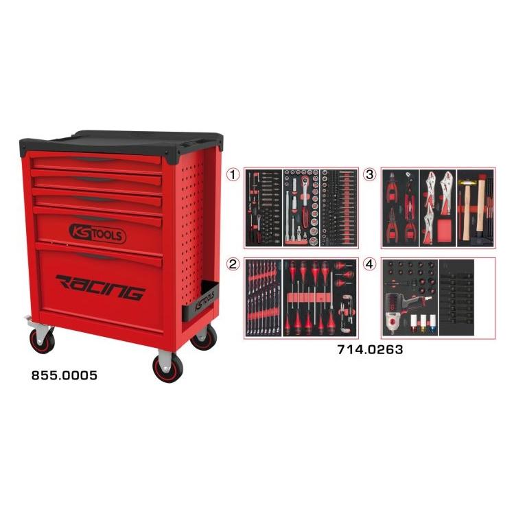 KS Tools RACING-Werkzeugwagen mit 5 Schubladen, bestückt mit 263 Werkzeugen (263x) (855.5263)