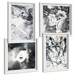 BILDER SET 4er Set - 50x50 cm & 40x60 cm Weißer Rahmen - Abstrakte schwarz-weiße Muster