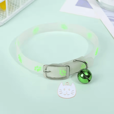 Inspire Curations Glow in the Dark Paw Print Cat Collar With Bell & Safety Buckle green