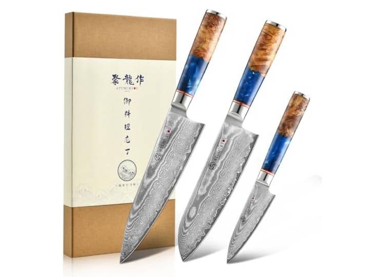 Japanisches Kochmesser Set, Küchenmesser Set aus 67-Lagen-Damaststahl VG10-Stahlkern, Scharfes 3-teiliges Messer Set, Für Profiköche & Hobbyköche, Ergonomischer Ozeanblauer Griff, Geschenkbox