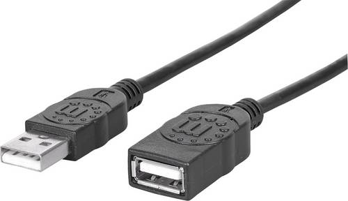 Manhattan USB-Kabel USB 2.0 USB-A Stecker, USB-A Buchse 1.00m Schwarz Folienschirm, UL-zertifiziert, vergoldete Steckkontakte