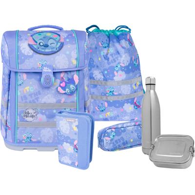 Schulranzen MCNEILL "Perfecto, Stitch II", Kinder, Gr. B/H/T: 30cm x 38,5cm, blau (stitch ii), Polyester, Rucksäcke, inkl. Federmäppchen, Turnbeutel, Schlamperrolle & Motivmagnet