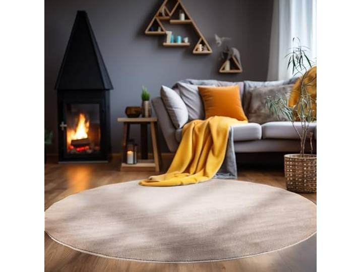 Carpetsale24 Tapis Lavable à Poils Courts Rond 200 cm Beige