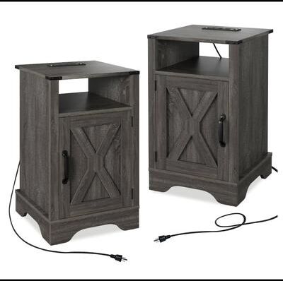Klair Living "16"" Farmhouse Nightstand with Charging Station, Cabinet Storage & Open Shelf, Set of 2"