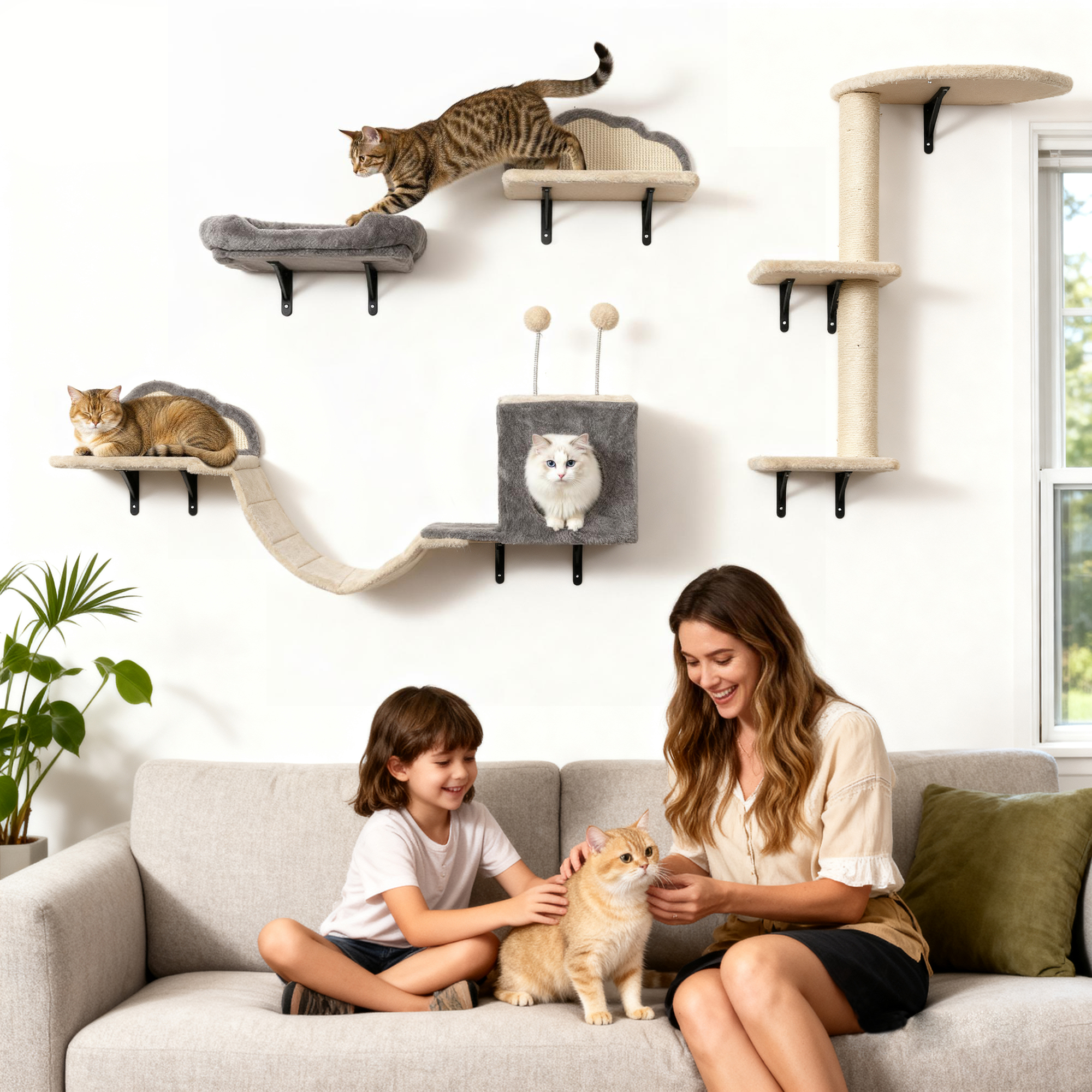 Pawhut Set tiragraffi da parete, superfici in sisal, 4 pezzi, per 1-3 gatti, Beige   Aosom Italy