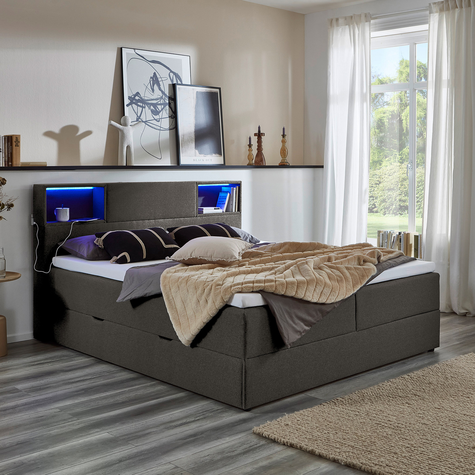 home24 Boxspring Caja met verlichting, grijs, 180 x 200 cm