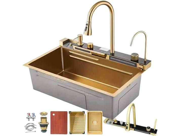 DSMRLEOP Große Küchenspüle Mit Wasserfall-Design Und Schwarzem Edelstahl-Finish, Einzelbecken-Bauernhausspüle, Nanobeschichtete Bar-Vorbereitungsspüle Mit Ausziehbarem All-in-One-Wasserhahn, Gläserspü