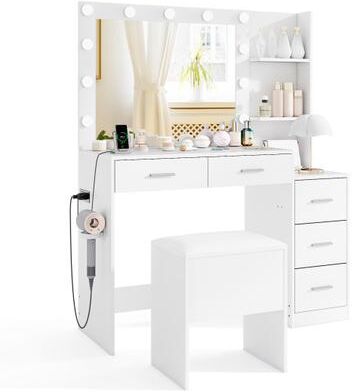Costway Makeup Table and Stool Set with Hair Dryer Stand-White