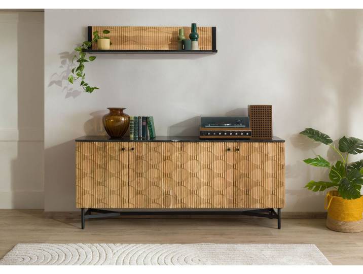 Buffet en bois d'Acacia 180x40x76 naturel laqué / marbre noir LONDON #101