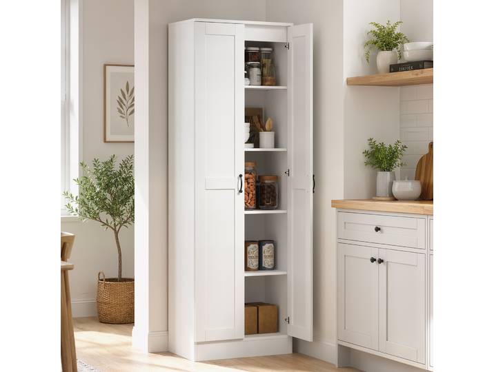 HOMCOM Armoire Cuisine 175cm Blanc Rangement Portes Douces Étagères