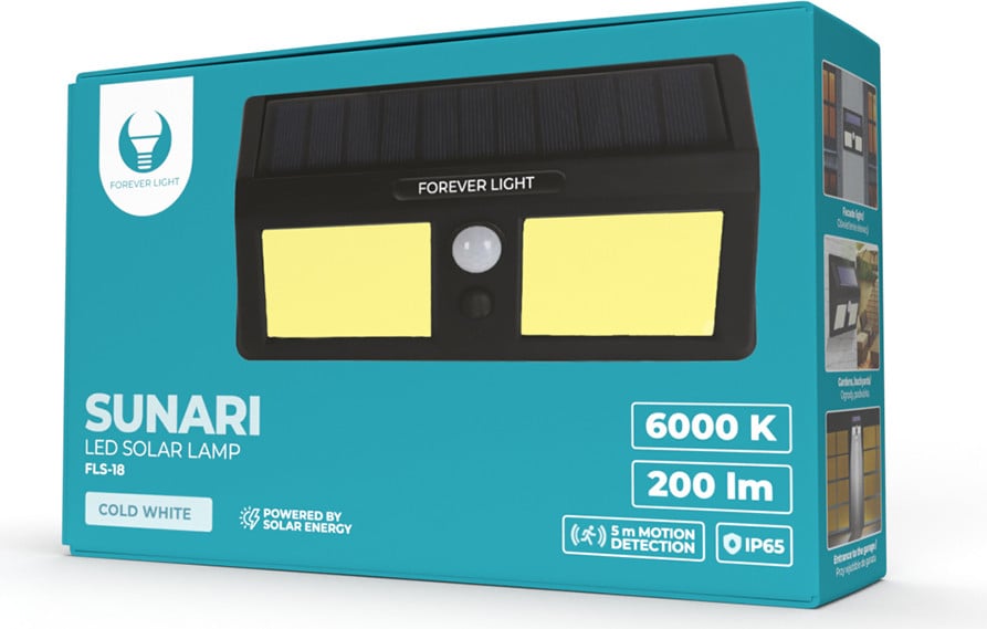 SUNARI FLS-18 COB PIR 3W zonne-energie LED tuinlamp, 200lm, 6000K, 800mAh Li-Ion, wandmontage