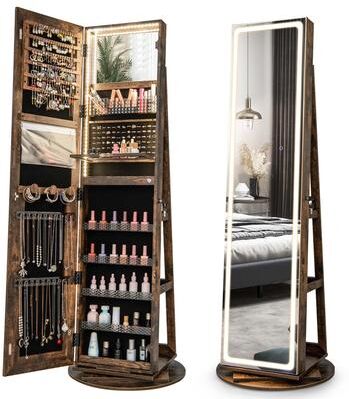 Rotating Jewelry Armoire Lockable Standing Jewelry Cabinet w/ Mirror