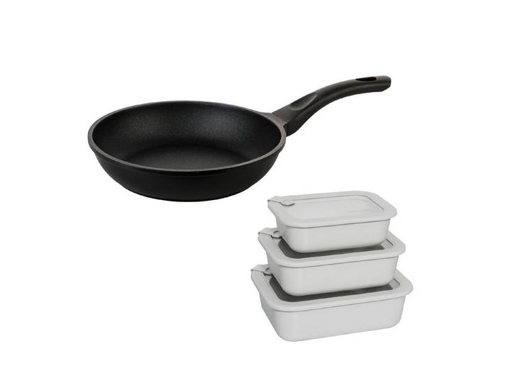 Mulex Bratpfanne TOMALIN Premium 26 cm inklusive LUND Meal Cubes – aus gehärtetem Glas, Pfanne Aluguss (Premium Qualität // 7tlg, 7-tlg., Tomalinbeschichtung // Meal Cube aus gehärtetem Glas), Induktionsgeeignet