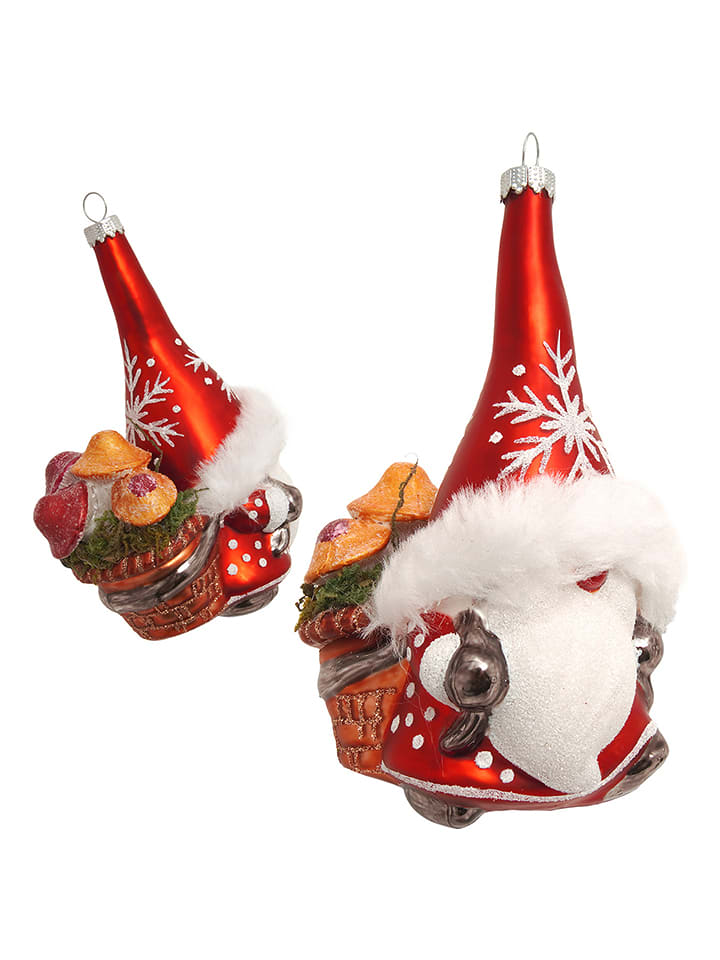 Krebs Glas Lauscha Christbaumornament "Wichtel mit Pilzkorb" in Rot - (H)13 cm - onesize