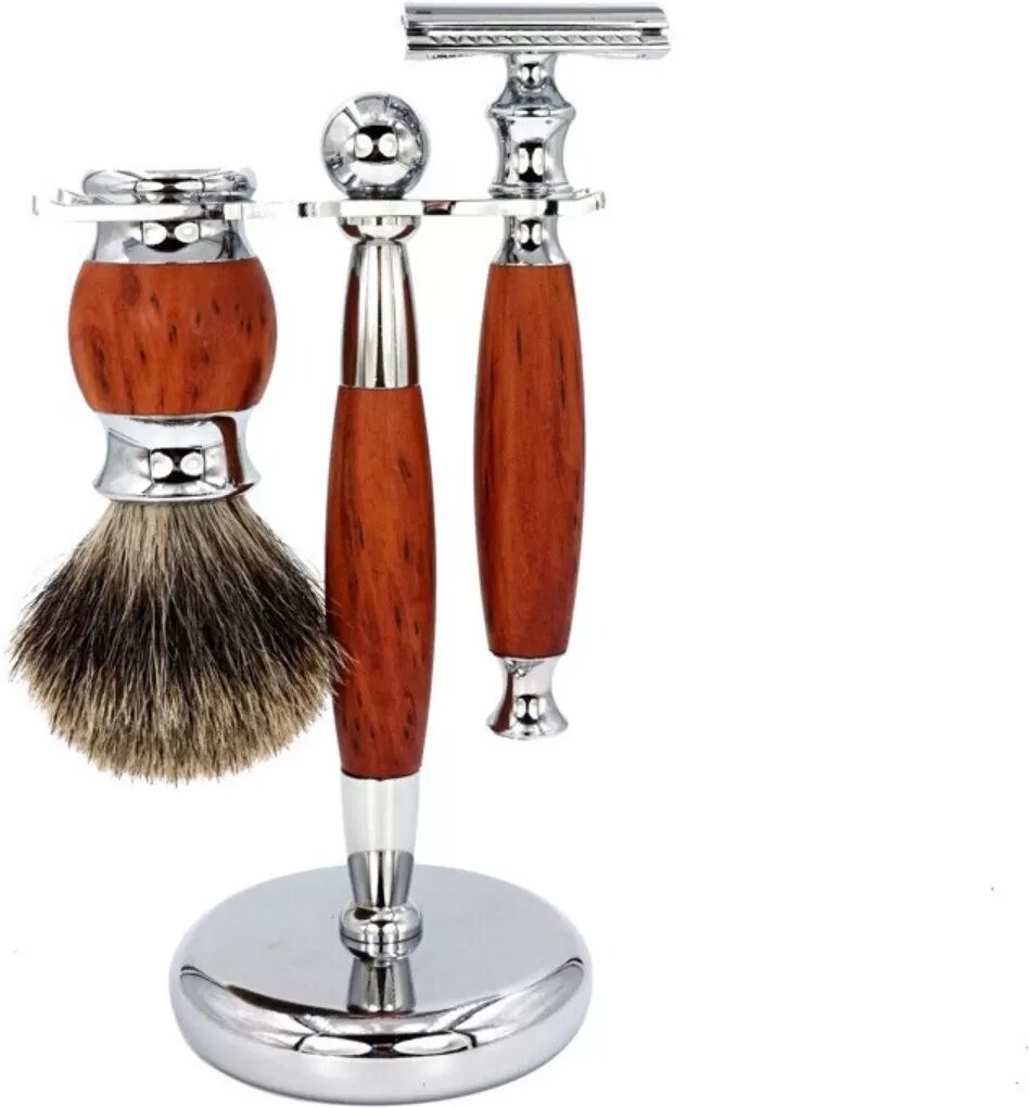INF Vintage Holzmaserung Manueller Rasierhobel Set - 3-teiliges Set für Herren Holzfarbe