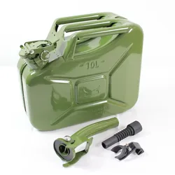 Baumarktplus 1x Benzinkanister Kraftstoffkanister Metall 10 Liter Oliv inkl. Ausgießer + Halter