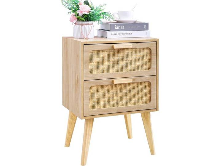 Table de Chevet Scandinave 2 Tiroirs en Rotin Naturel - Table de Nuit en Bois Bout de Canapé Bohème pour Salon et Chambre