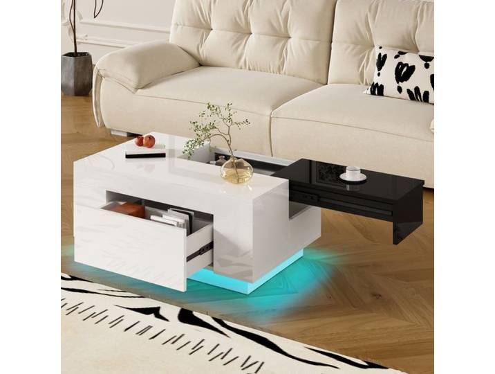 Luscriate - table basse rectangulaire - avec LED connectée et plateau coulissant et tiroir - 80x50x35.5cm -blanc