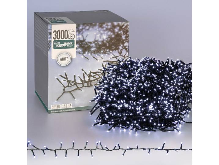 ECD Germany LED Cluster Lichterkette 39m, 3000 LEDs Kaltweiß, mit Timer und 8 Leuchtmodi, Strombetrieb, IP44, Weihnachtsbeleuchtung Weihnachtsbaum