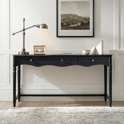 HULALA HOME Martha Adelaide 60''W Traditional 3 Drawers Fluted Simple Assembly Desk with Power Outlets and Solid Wood