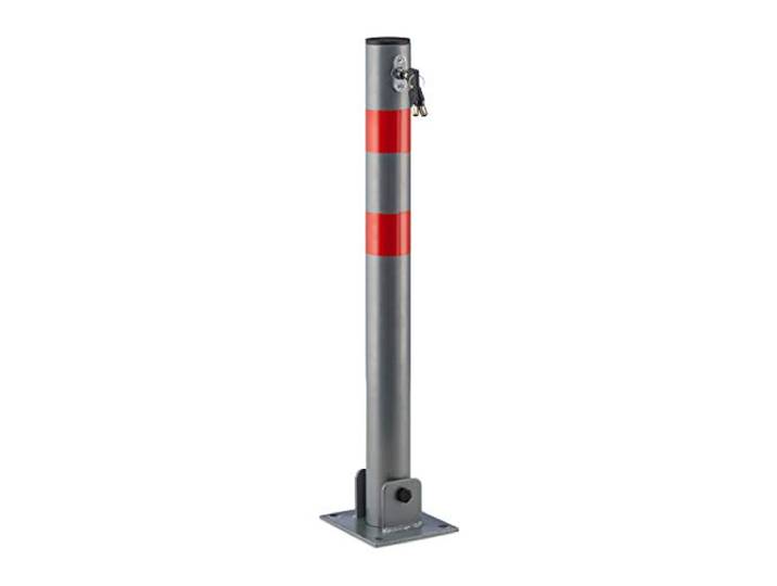 Relaxdays 2X Poteaux de Parking\, barrière de Parking Rabattable Voiture 65 cm de Hauteur en Acier\, Gris & Rayures Rouge Rond