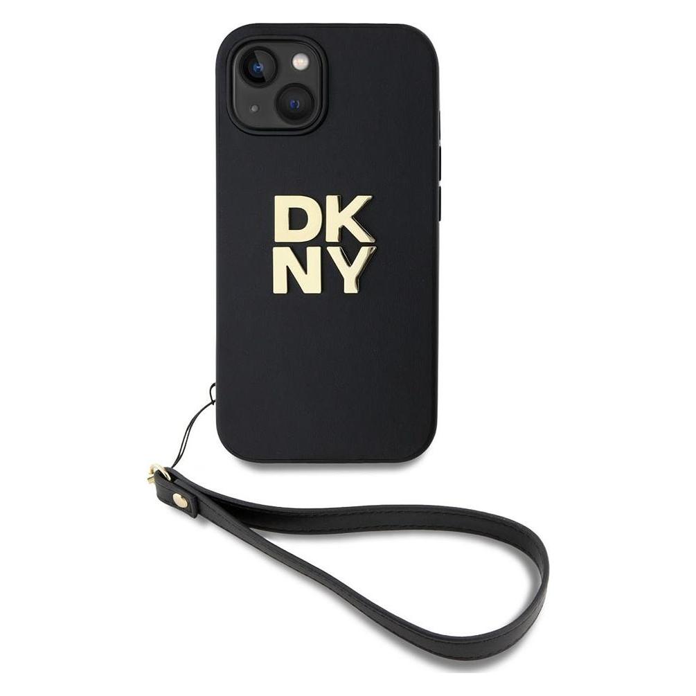 DKNY PU Leather Stack Logo Wrist Strap Case for iPhone 13 Black (Apple iPhone 13) (DKHCP13MPBSWSK)