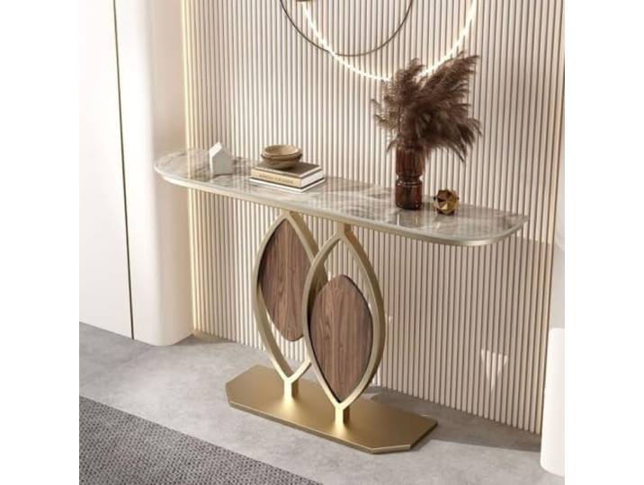 Moderner Konsolentisch mit Sinterstein, schmaler Flurtisch für Eingang Sintersteinplatte, kratzfest, schmaler Flurtisch, Metallgestell, modernes Design(Gold+Brown,31.5in*11.8in)