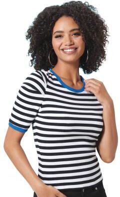 Masseys Puff Sleeve Ribbed Tee (Size 1X) Black/White/Cobalt, Cotton,Elastine