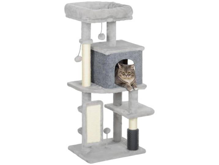 PawHut Arbre à Chat\, Tour de Jeux pour Chats\, Hauteur de 104 cm\, avec Tapis griffoir\, lit pour Chat\, Maison pour Chat\, Plateformes\, Brosse de toilettage\, balles de Jeu\, Gris Clair