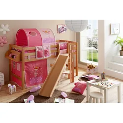 TiCAA Hochbett mit Rutsche Podestbett "Tino" Buche Natur Motiv, teilbar mit Farbauswahl