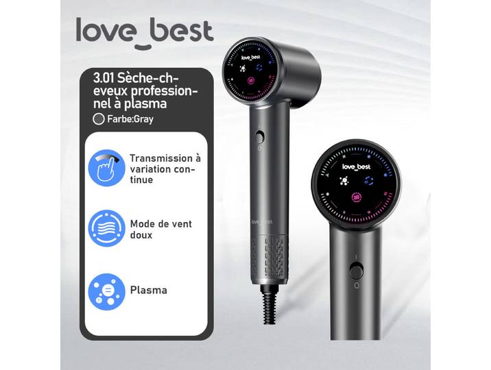 Love Best Air 3.0.1 Sèche-cheveux haute vitesse, Gris, 110 000 tr/min, 1,3 milliard d'ions plasma, Sèche-cheveux domestique haute puissance à séchage rapide, Sèche-cheveux soin capillaire au plasma, Compact et portable, Doux pour les cheveux, Mini sèche-c