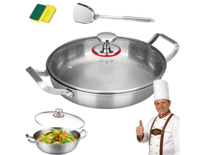 DZ'HUE Okura Titan Pfanne, Titanpfanne Unbeschichtet, Pfanne zwei Griffen, Gehämmerte Titan-Bratpfannes, füR Induktion und Alle Herdarten (With Lid,32CM)