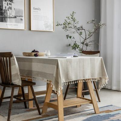 Enova Home Beige High Quality Rectangle Cotton and Linen Tablecloth with Tassels For Dinning Table