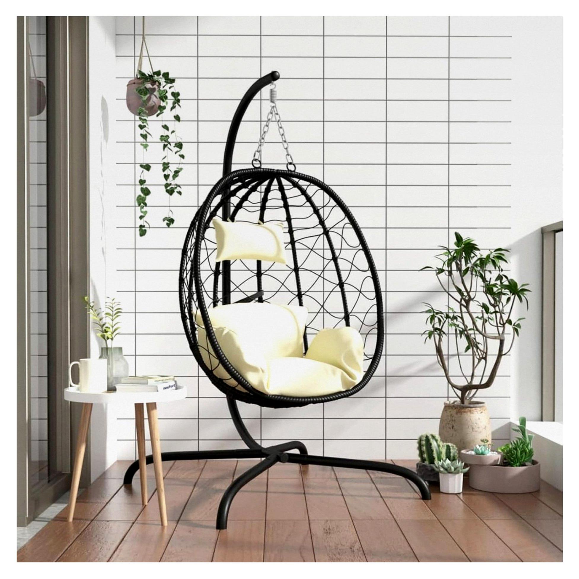 Hängesessel mit Kissen - Schwarz, Cremeweiß, PE-Rattan, 106x103x195 cm