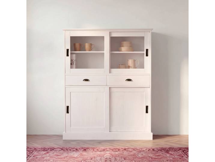 Highboard GOODPRODUCT Schröder , weiss (weiß), B:114cm H:140cm T:40cm, FSC-zertifiziertes Massivholz, Sideboards, Highboard, Vitrine aus massivem Kiefernholz, Breite 114 cm