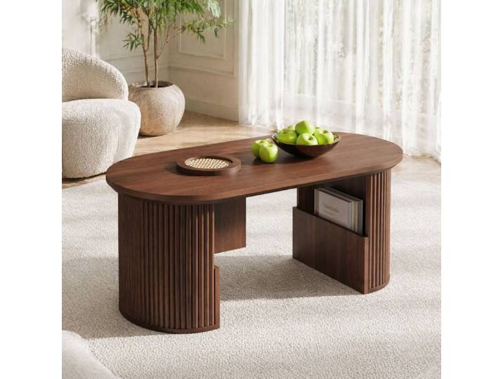 Table basse - ZEVKOR - Style rétro - Ovale 105×50×46 5 cm - MDF noyer - Rangements intégrés