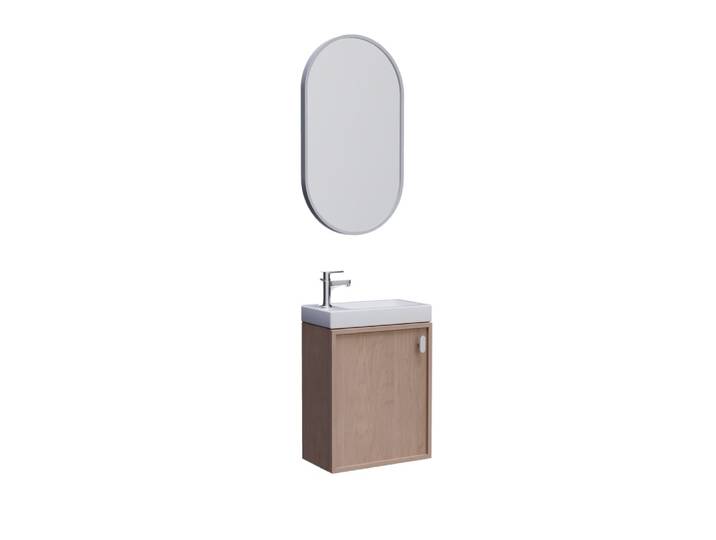 Ensemble meuble lave-mains décor chêne + miroir