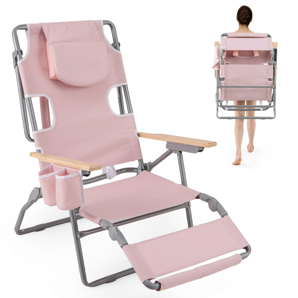 Costway 3-in-1 Opvouwbare Strandstoel met Voetsteun, Verstelbare Rugleuning en Kussen, Roze
