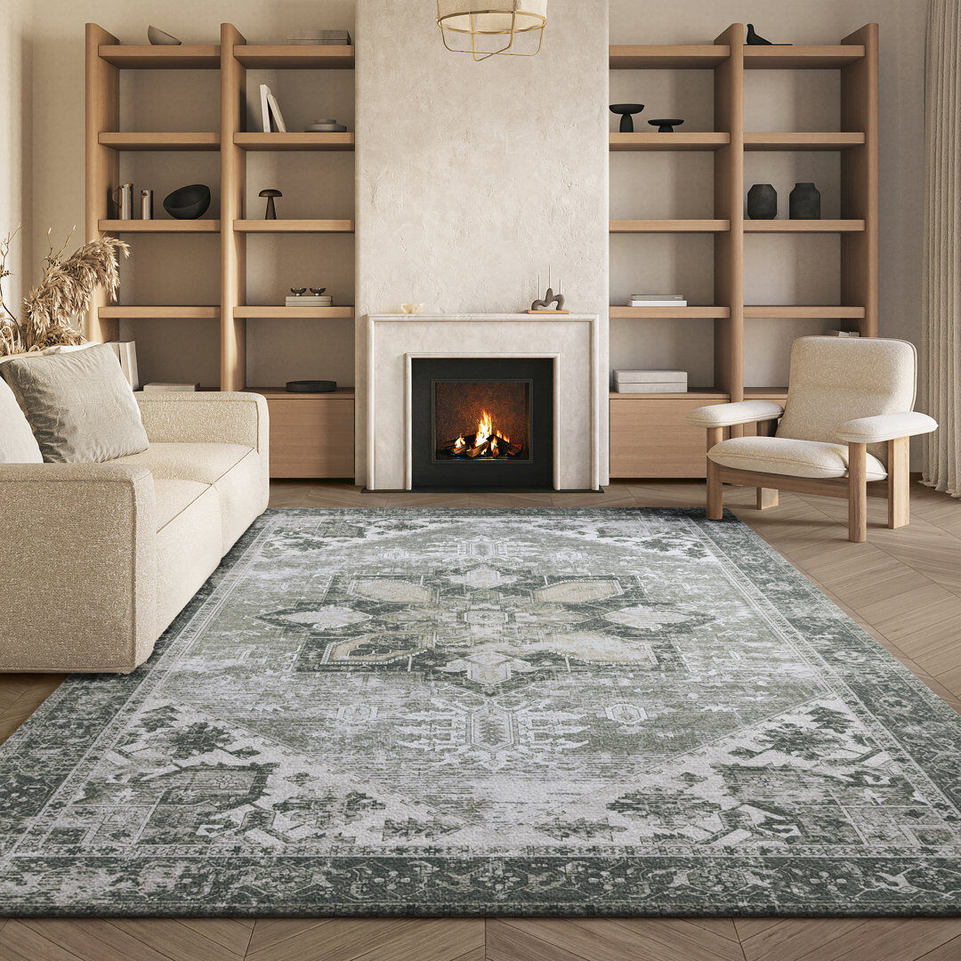 Blue Elephant Tucson Florentine Machine Washable Non-Slip Area Rug Green Round 183 cm