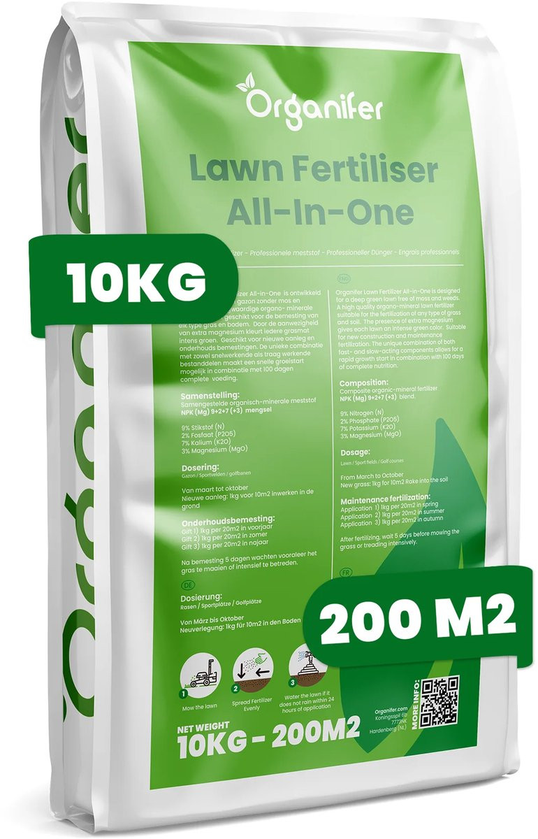 Organifer Gazonmest All-In-One voor een diepgroen en sterk gazon zonder mos en onkruid, 10kg (voor 200m2)