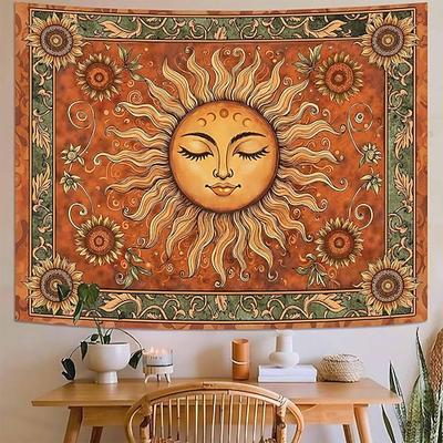 Vintage Wandteppich mit himmlischem Sonnengesicht und Sonnenblumenmotiv, Sternzeichen, Astrologie, Horoskop, kunstvolle Blumenkunst, ästhetische Wanddekoration für Schlafzimmer und Wohnzimmer
