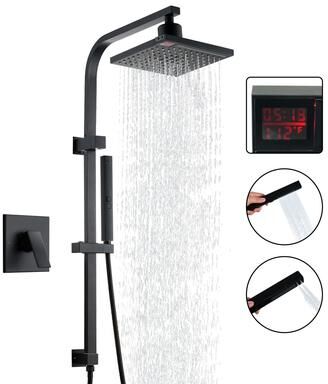 CASAINC 5-Spray Wall Mount Dual Fixed and Handheld Shower Head with Slide Bar, Infrared Sensing, and LED Display in Matte Black