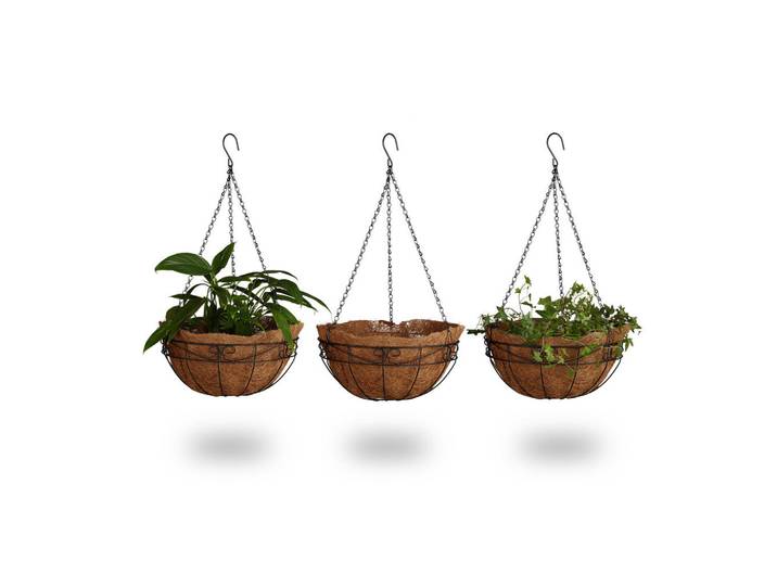 Relaxdays Blumenampel Braun 3er-Set Kokos Metall Ø 35 cm, Metall, 35x65x35 cm, Gartenzubehör