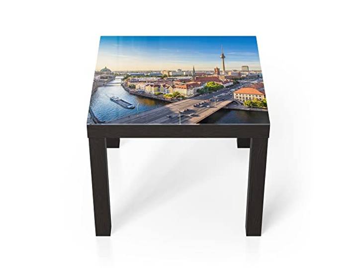 DEQORI Glastisch schwarz klein 55x55 cm Motiv Berlin aus der Luft ausgefallener Beistelltisch aus Glas Hochglanz Couchtisch fürs Wohnzimmer moderner Couch Tisch mit Design