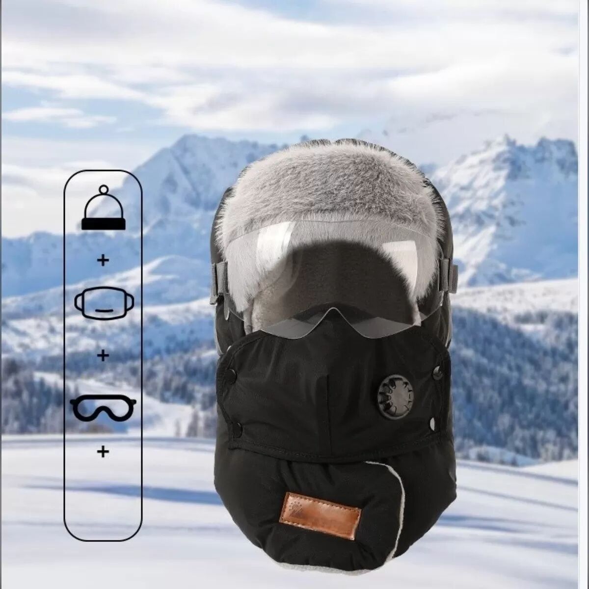 INF 4-in-1 Winter-Fahrrad-/Ski-Mütze mit Brille: Reflektierend, Winddicht und Thermisch Schwarz