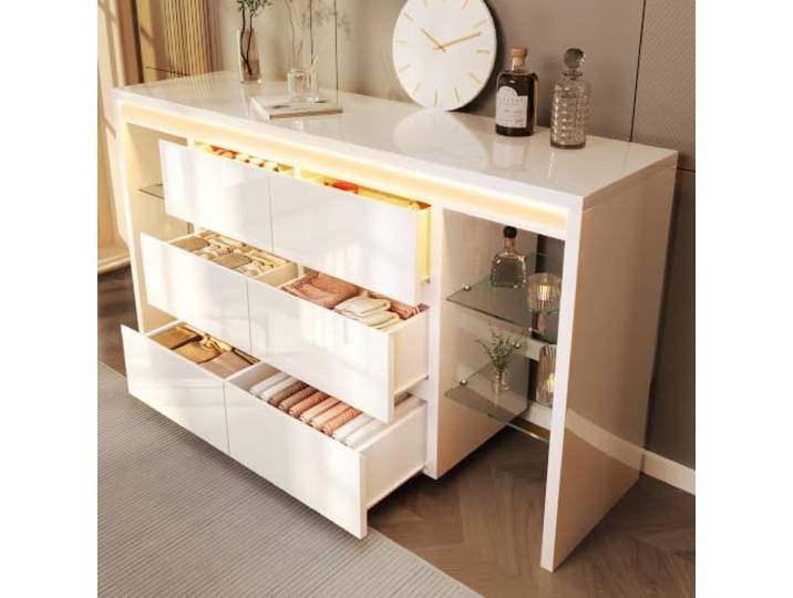 VILUXE Sideboard 155 cm Hochglanz mit LED 6 Schubladen Weiß Hochglanz-Sideboard mit Smart-LED, 6 Schubladen und 4 Glasablagen, für Wohnzimmer, Flur und moderne Wohnbereiche