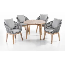 Prestige Home Living Outdoor 5tlg. Dining-Set Norwich aus Akazien und Rope-Geflecht inkl. Polsterauflage - Grau