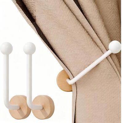 Perfect Picks Market Pack Modern Adhesive Curtain Holdbacks With Walnut Wood Base No Drill, Heavy Duty Wall Mount 2pcs White