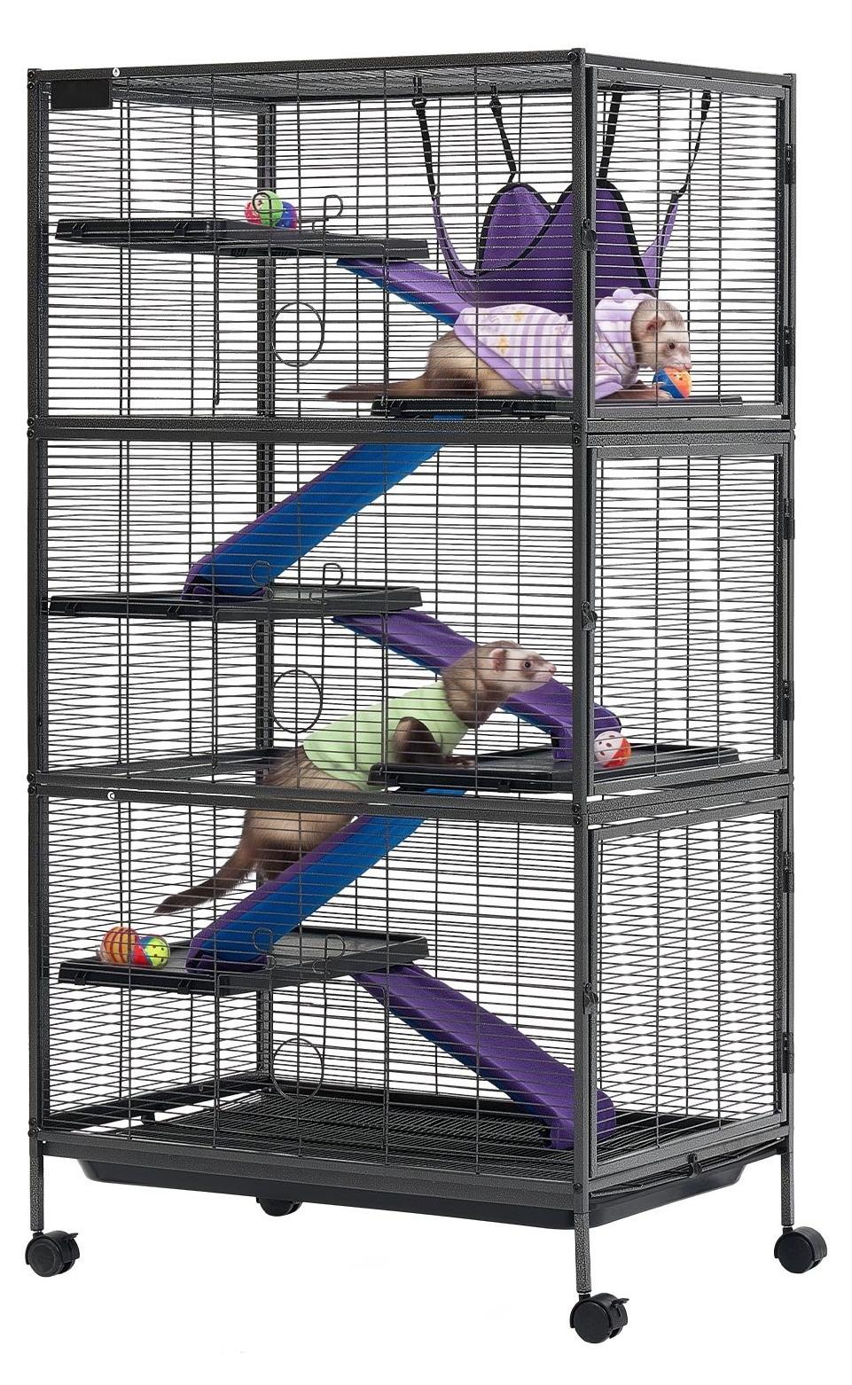 Kleintierkäfig - Metallkäfig für Frettchen, Chinchillas, Gleithörnchen, Meerschweinchen und Kaninchen - 6-Stöckig - 80 x 52 x 149 cm - 14 mm Drahtabstand - Feststellbare Rollen
