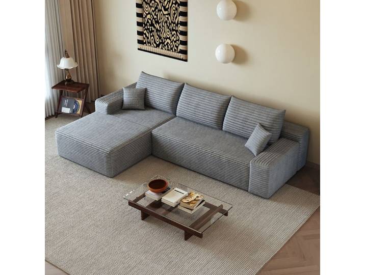 Canapé d'angle modulable 3 places compressé sans montage - LPOSPI - tissu corduroy mousse haute élasticité gris